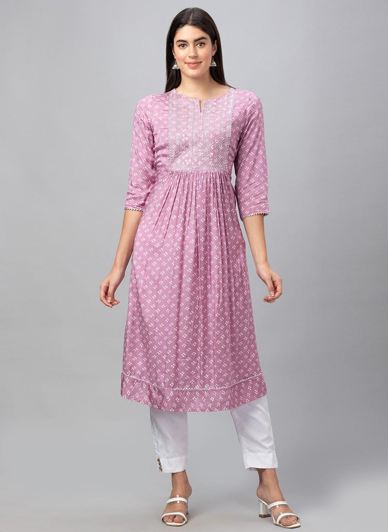 Globus Women Embroidered Sequined Yoke Bandhani Printed Pleated A-Line Festive Kurta - Image 1